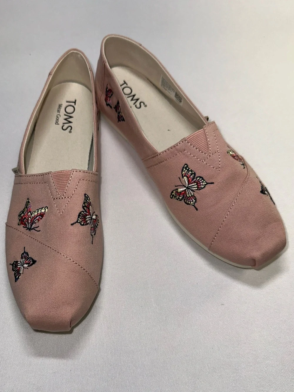 TOMS Women Size 8.5 Pale Pink Canvas Butterfly Embroidery Alpargata Slip On